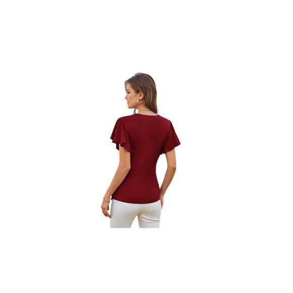 GRACE KARIN 2025 Womens Tops Small winered Wrap Blouse V Neck Ruffle Sleeve NWT - Picture 3 of 7